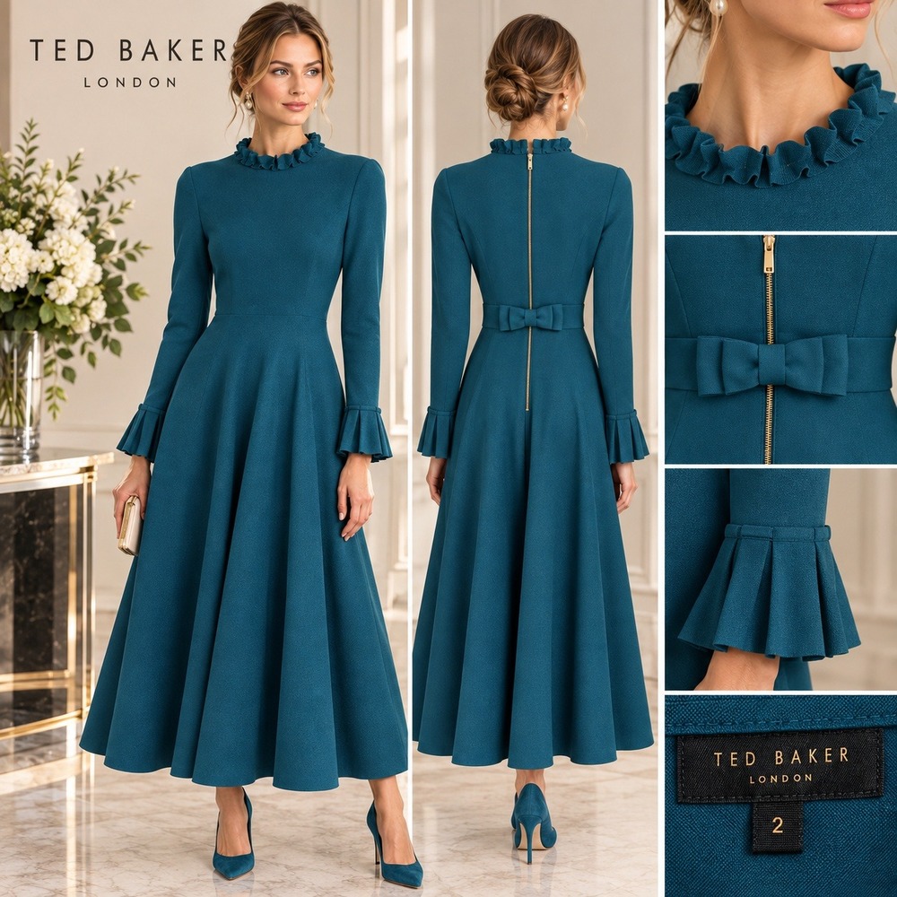 Ted Baker Teal Blue Ruffle Neck Long Sleeve Fit and Flare Midi Dress Size 2
